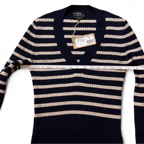 A.P.C. Women's V-Neck Sweater in Dark Navy and Ecru Stripes - Picture 8 of 10